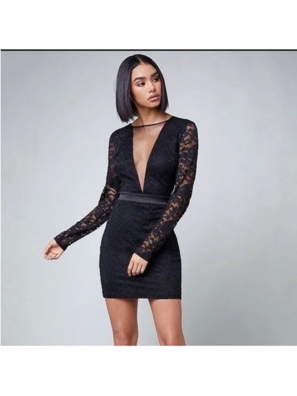 Bebe Shawna Lace Deep V-Neck Mesh Black Plunge Sheer Dress Feminine Party Event